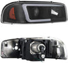 For 99-06 GMC Sierra 1500 2500HD 3500 C3 Yukon XL Black LED Tube Projector Headlights Driver+Passenger Side Pair