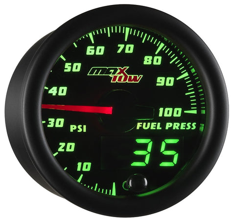 MaxTow Double Vision 100 PSI Fuel Pressure Gauge Kit - Includes Electronic Sensor - Black Gauge Face - Green LED Illuminated Dial - Analog & Digital Readouts - for Trucks - 2-1/16