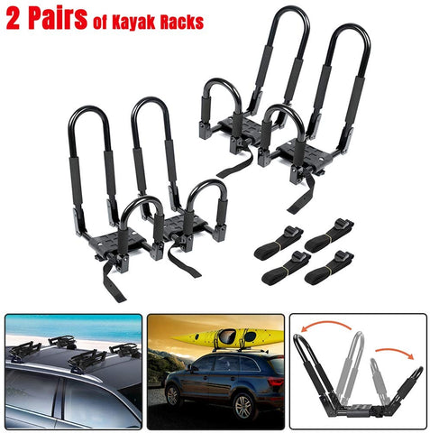 Ediors Upgraded 2 Pairs Folding Kayak Roof Rack, J Bar Foldable Kayak Rack,Sit On Top Kayak Carrier with 4 Tie Down Straps for Canoe Surfboard Ski Car Truck SUV RV On Roof Top Mount Trailer Crossbar