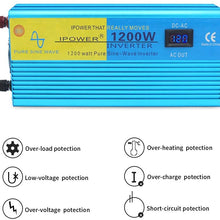 IpowerBingo Pure Sine Wave Power Inverter 1200W/2400W(Peak) 12V DC to 110 V AC with 2 AC Outlets 2 Battery Cables with LCD Display Car Boat Inverter