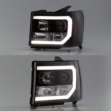 For 2007-2014 GMC Sierra 1500 2500 3500 LED [C-Tube Bar] Black Projector Headlight Driver Left + Passenger Rligh Pair