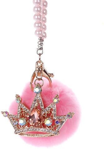 MINI-FACTORY Car Mirror Hanging Accessories, Rearview Mirror Hanging Bling Decoration Fluffy Luxury Diamond Crown with Pearl Chain - Pink