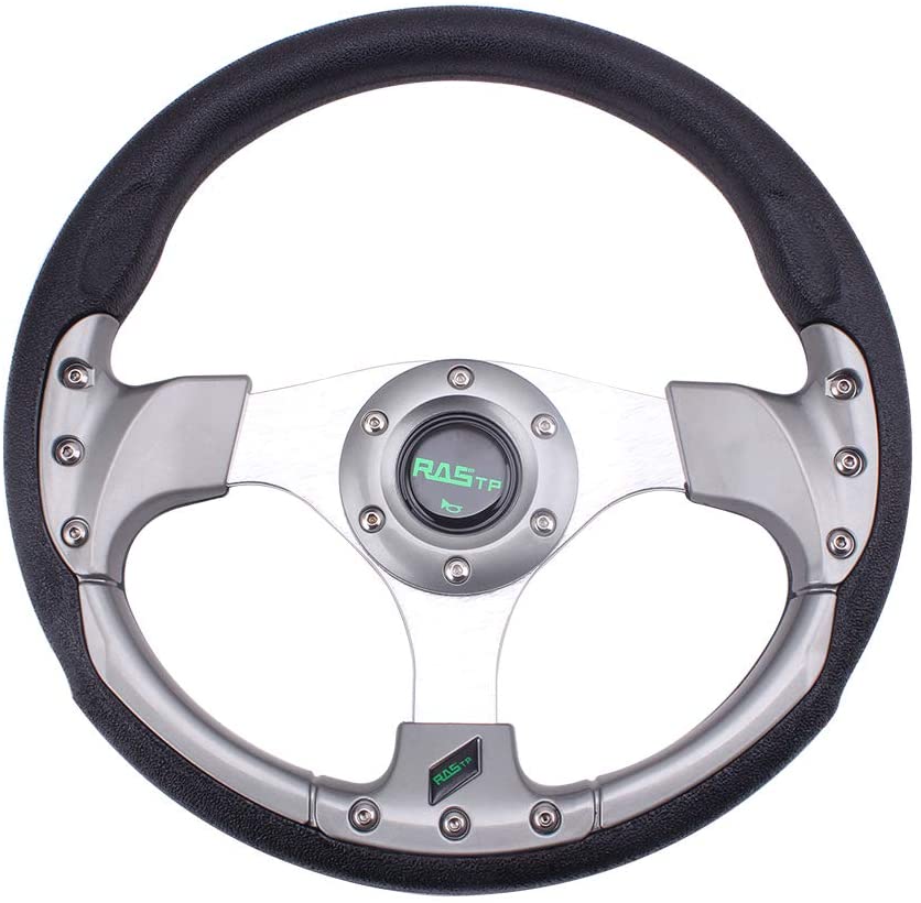 RASTP Universal Racing Steering Wheel 12.5”/320mm 15 Bolts Grip Vinyl Leather & Aluminum with Horn Button for Car Boat Truck Yacht-Silver