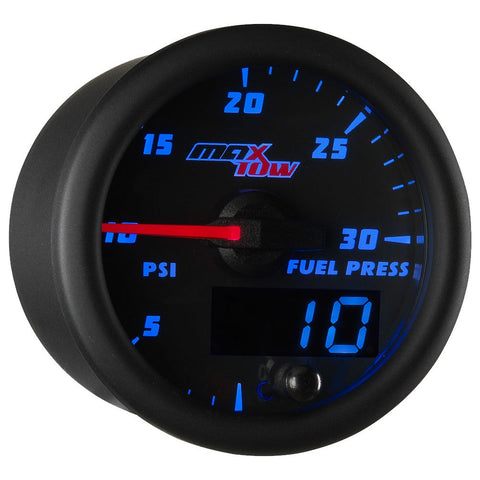 MaxTow Double Vision 30 PSI Fuel Pressure Gauge Kit - Includes Electronic Sensor - Black Gauge Face - Blue LED Illuminated Dial - Analog & Digital Readouts - for Diesel Trucks - 2-1/16