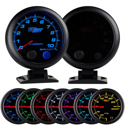 GlowShift Tinted 7 Color 10,000 RPM Tachometer Gauge - for 1-10 Cylinder Gas Powered Engines - Built-in Shift Light - Mounts On Dashboard - Black Dial - Smoked Lens - 3-3/4
