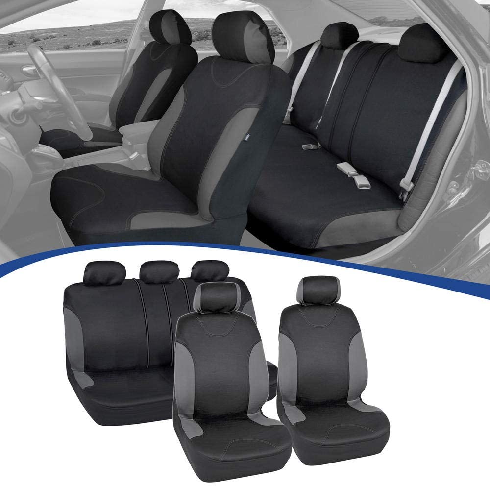 BDK OS-334-CC Charcoal Trim Black Car Seat Covers Full 9pc Set - Sleek & Stylish - Split Option Bench 5 Headrests Front & Rear Bench