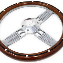 14" Inch Polished & Wood Steering Wheel Chevy Bowtie Horn, 6 Hole C10 Camaro"