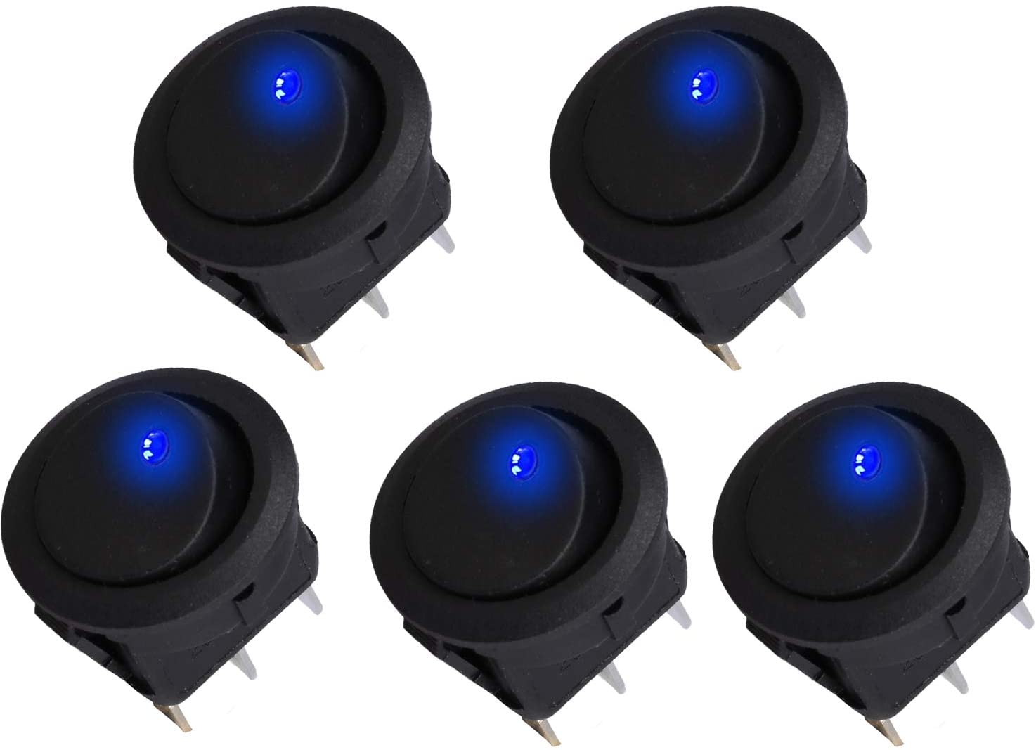 JUSTTOP 5pcs 12V 20A Round Toggle Switch, 3 Pin Control Switch with Blue LED Light for Car or Boat