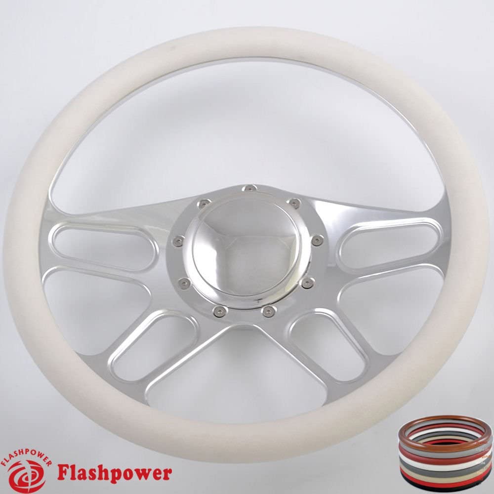 Flashpower 14'' Billet 4-slot Half Wrap 9 Bolts Steering Wheel with 2'' Dish and Horn Button (White)