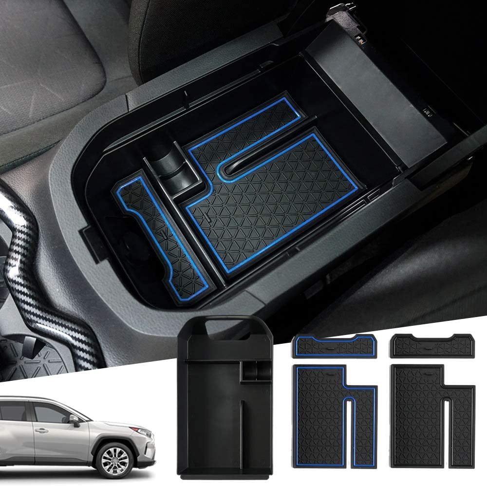 Powerty Center Console Organizer Storage Box Accessories for Toyota RAV4 (5th Gen.) XA50 2019 2020 2021 with Blue Mats and Black Mats