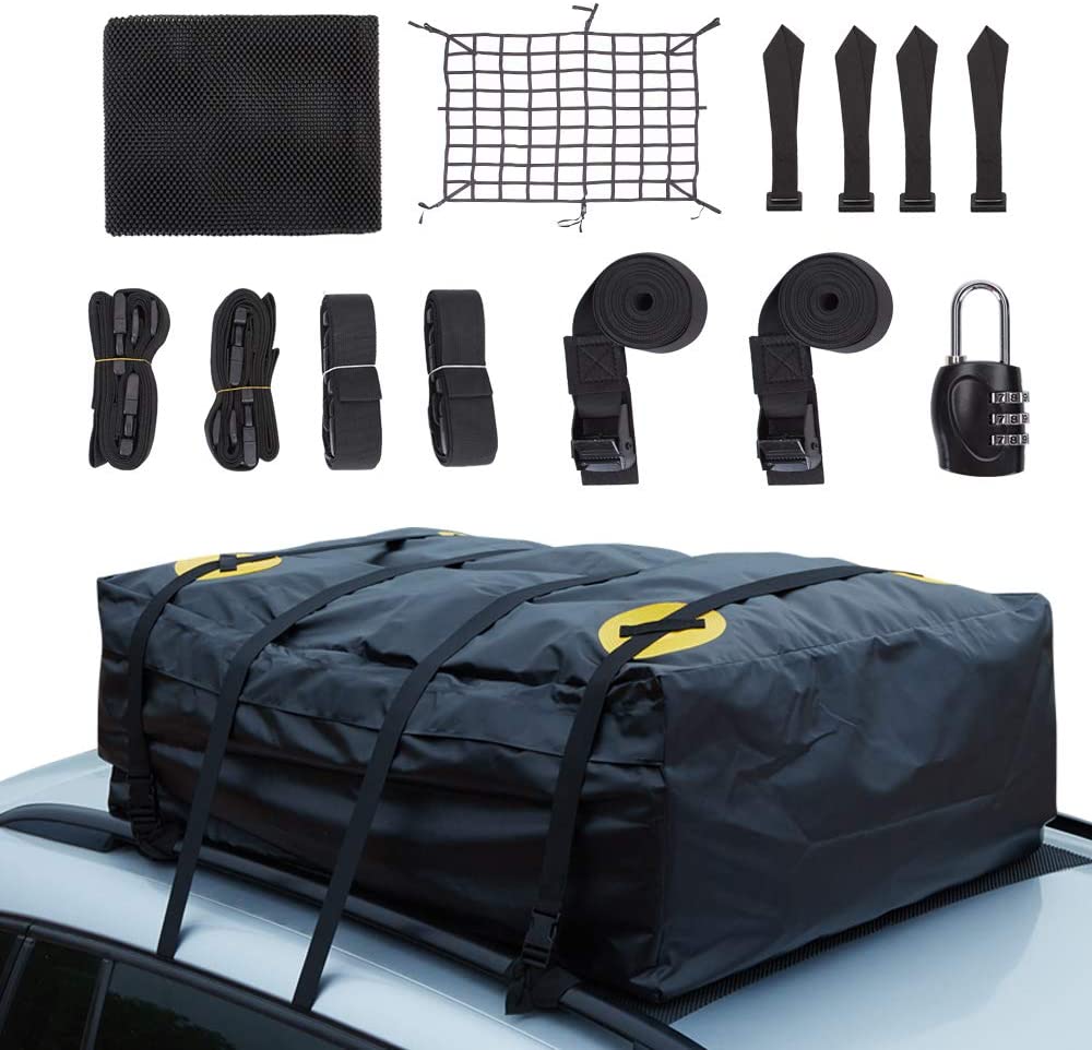 Alfa Gear Waterproof No Blow Off Car Roof Bag Cargo bag Car Roof Top Carrier Soft-Shell Carriers with Extra Tie down Straps,Anti-slip mats,Safety lock,Cargo Net 15 Cu.ft for cars with or without racks (15 Cuft Kit 1)