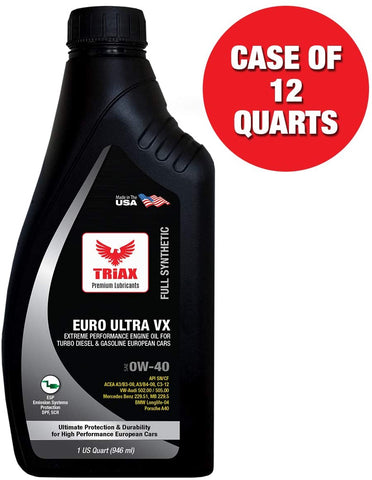 Triax Euro Ultra VX 0W-40 Full Synthetic - 20,000 Miles Long Drain - Extreme Performance OEM Grade - Compatible with ACEA C3, A3/B4, VW502.00, BMW LL-04, MB 229.51, 229.5, Porsche A40