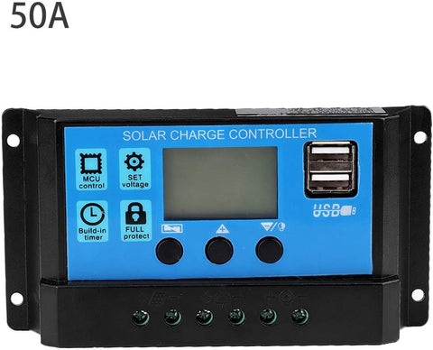 Solar Charge Controller, Solar Panel Charge Controller 60A/50A/40A/30A/20A/10A 12V 24V Auto Solar Charge Controller Solar Battery Charger LCD Display Dual USB Port (50A)