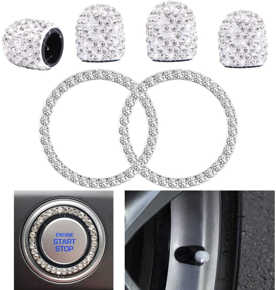 4PCS Crystal Rhinestone Universal Stem Covers with 2Pcs Car Decor Crystal Rhinestone Bling Sticker Emblem Ring for Car Engine Ignition Button Key & Knobs, Unique Gift (Silver)