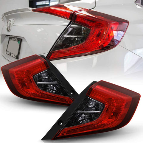 ACANII - For 2016-2020 Honda Civic 4-Door Sedan Red Smoked Rear Tail Lights Lamps Outer Assembly Driver & Passenger Side