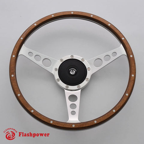 Flashpower 15'' Classic Wood Steering Wheel Riveted with Horn Button