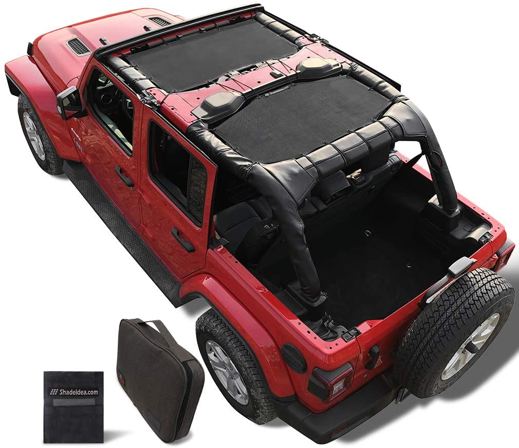 Shadeidea Jeep Wrangler Sun Shade JL Unlimited 4 Door, Front and Rear 2 piece-Black Mesh Screen Sunshade JLU, 2018-Current New Model Top Cover UV Blocker with Grab Bag-10 Years Warranty