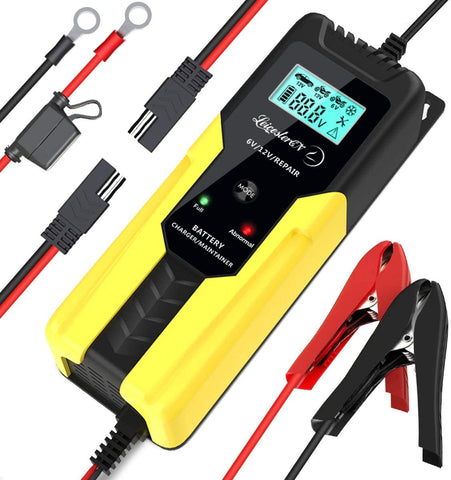 LEICESTERCN 6V/12V 4A Battery Trickle Charger Maintainer Automatic 6-Stages Smart Pulse Repair Maintenance Charger for Car, Motorcycle, Lawn Mower, Boat, Sealed Lead Acid Battery