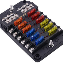 WUPP Boat Fuse Block, Waterproof Fuse Panel with LED Warning Indicator Damp-Proof Cover - 12 Circuits with Negative Bus Fuse Box Holder for Car Marine RV Truck DC 12-24V, Fuses Included