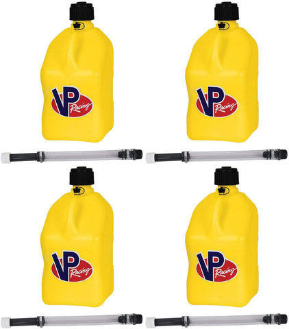 4 Pack VP 5 Gallon Square Yellow Racing Utility Jugs with 4 Deluxe Filler Hoses