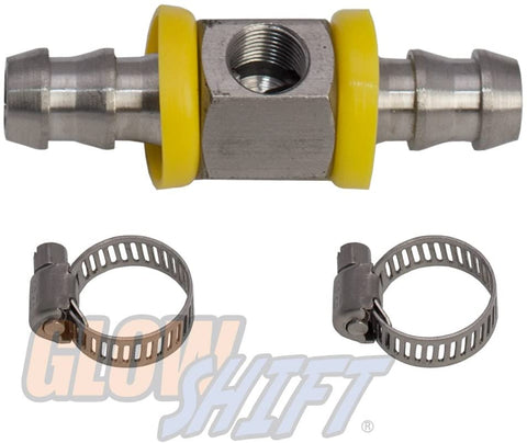 GlowShift 1/2” Fuel Line Fuel Pressure Barbed Push Lock T-Fitting Adapter - 1/8-27 NPT Sensor Port - 304 Stainless Steel - Fits Hose with 12.7mm ID Inner Diameter - Includes Clamps