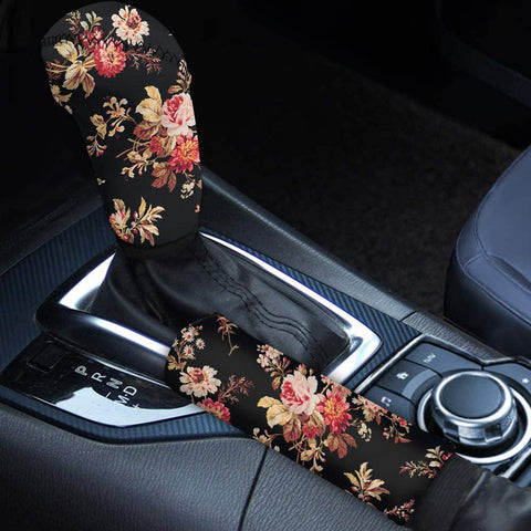 CLOHOMIN Vintage Peony Floral Design Handbrake Cover Gear Shift Cover Set Universal Auto Interior Accessoris for Women Ladies-Pack of 2