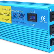 IpowerBingo Pure Sine Wave Power Inverter 1200W/2400W(Peak) 12V DC to 110 V AC with 2 AC Outlets 2 Battery Cables with LCD Display Car Boat Inverter