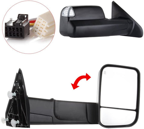 QUALINSIST Tow Mirrors Fit for 2009-2010 Dodge Ram 1500 2011-2016 Ram 1500 2500 3500 Towing Mirrors With Power Adjusted Heated Turn Signal Puddle Light Black Housing 2PCS LH and RH Side