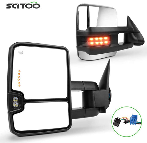SCITOO Power Heated Chrome Smoke Led Signals Towing Mirrors fit 2003-2006 for Chevy for GMC Silverado Sierra (07 Classic Models) Side Mirror Pair Set