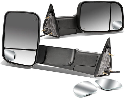 Replacement for Dodge RAM Black Heated Power Glass Foldable Towing Side+Circle Blind Spot Mirror