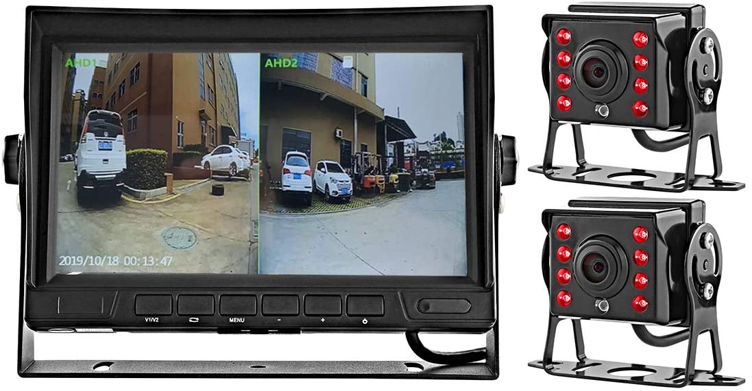 GreenYi-58 Wired AHD Truck Backup Camera Monitoring System, 7 Inch IPS DVR Dual Split Screen Monitor, 2PCS Mini IR Rear View Camera for Trailer Box Truck RV Camper Bus Van Motorhome 5th Wheel