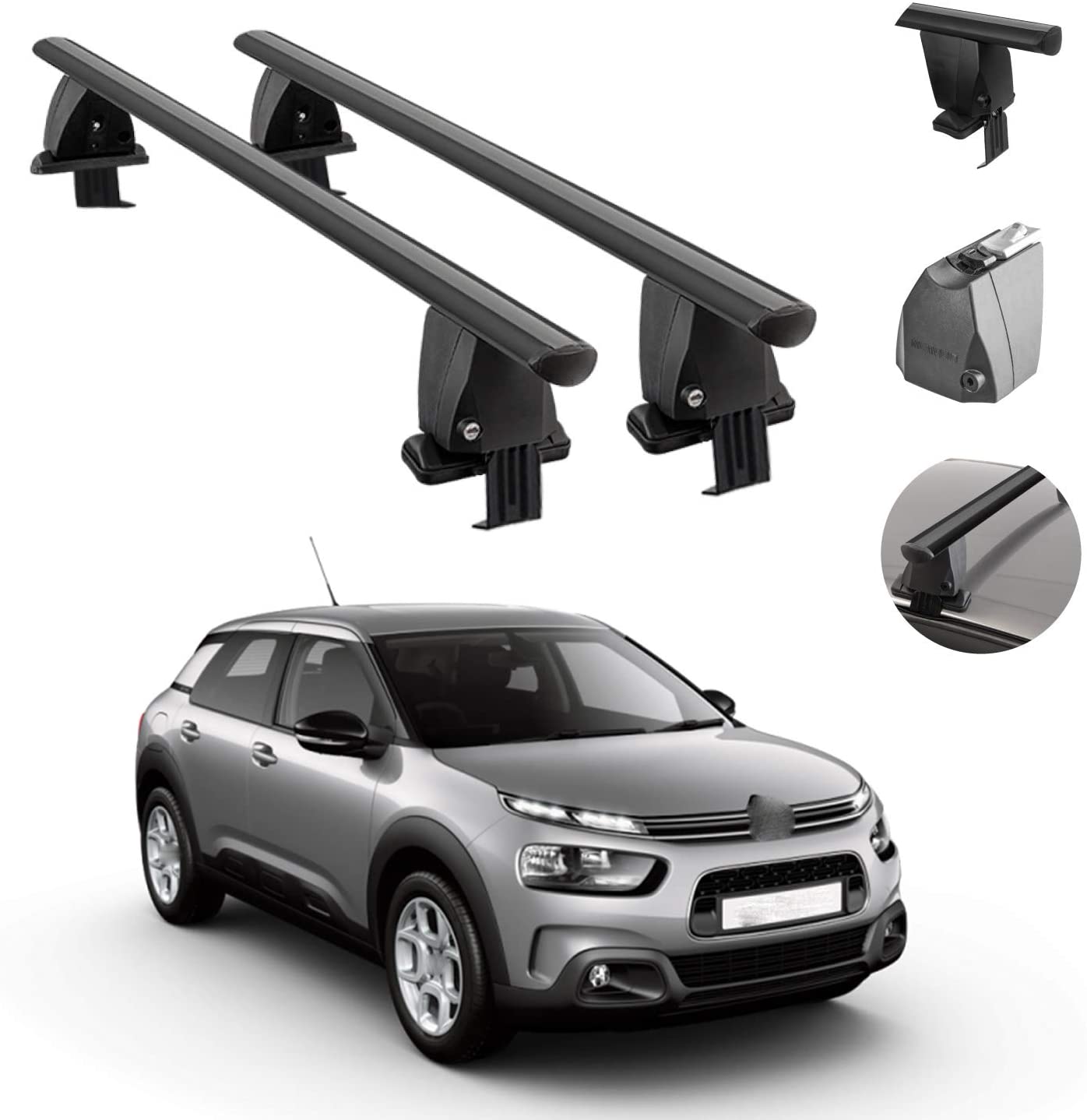 Roof Rack Cross Bars Lockable Luggage Carrier Smooth Roof Cars | Fits Citroen C4 Cactus 2018-2021 Black Aluminum Cargo Carrier Rooftop Bars | Automotive Exterior Accessories