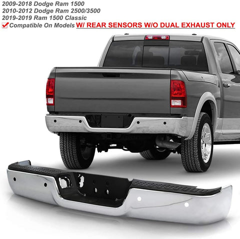 ACANII - For 2009-2018 Dodge Ram 1500 w/Sensor Holes w/o Dual Exhaust Chrome Steel Rear Step Bumper Complete Assembly