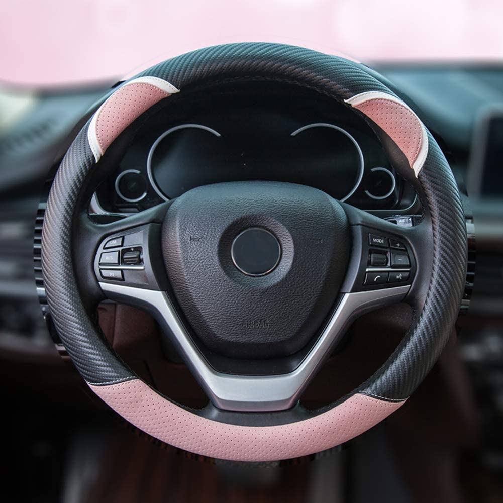 Alusbell Cute Carbon Fiber Steering Wheel Cover Synthetic Leather Auto Car Steering Wheel Cover for Women Universal Fit 15 Inch (Pink)