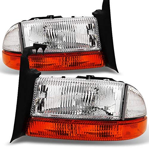 For 1997-2004 Dodge Dakota | 1998-2003 Durango Replacement Textured Len Headlights + Amber Corner Turn Signal Lamp