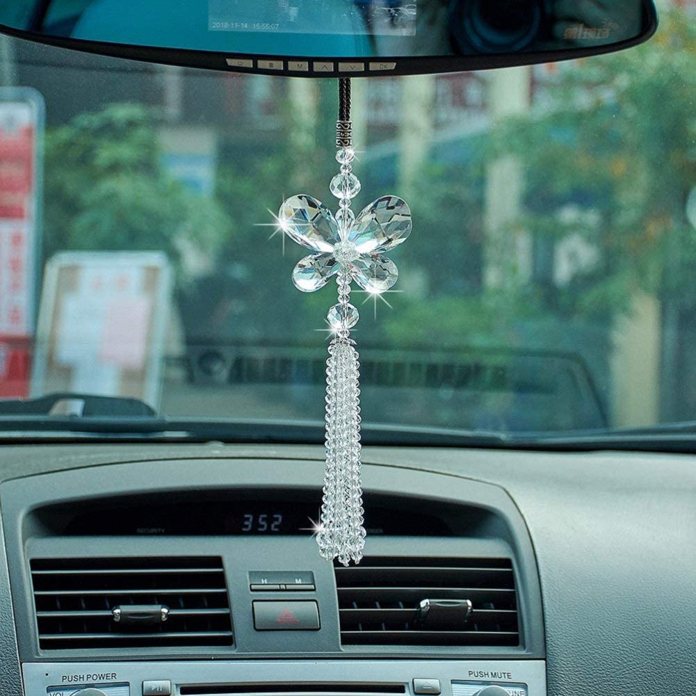 XhuangTech Crystal Butterfly Car Hanging Ornament Car Rear View Mirror Pendant Car Charm Decoration Luck Car Accessories (White Butterfly)