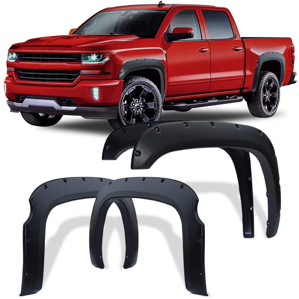 Fender Flares Kit Compatible for 2007-2013 Chevy Silverado 1500 (Only Fit 5.8 Feet Short Bed), Textured Matte Black Finish Front Rear Wheel Pocket Rivet Style