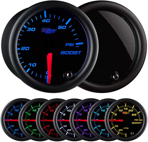 GlowShift Tinted 7 Color 60 PSI Turbo Boost Gauge Kit - Includes Mechanical Hose & Fittings - Black Dial - Smoked Lens - For Diesel Trucks - 2-1/16