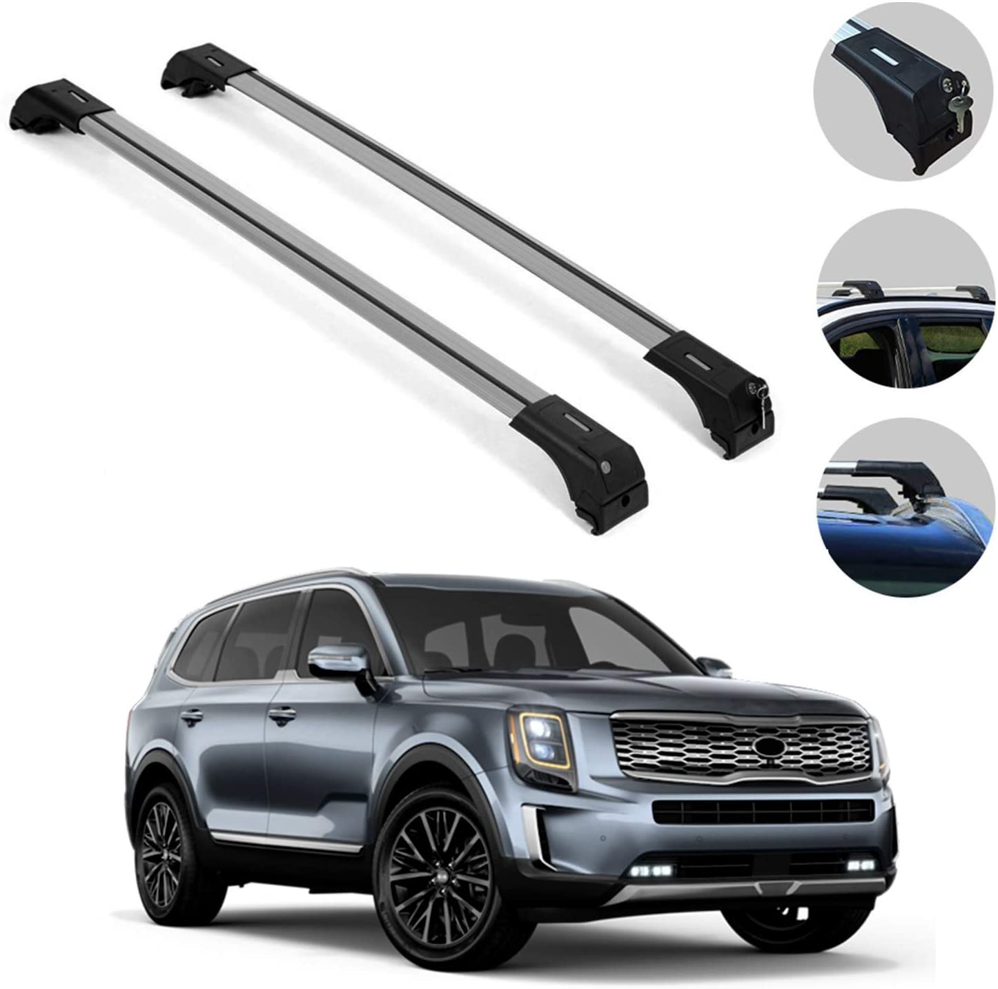 Roof Rack Cross Bars Luggage Carrier Set Silver Fits Kia Telluride 2020-2021 | Aluminum Cargo Carrier Rooftop Luggage Bars