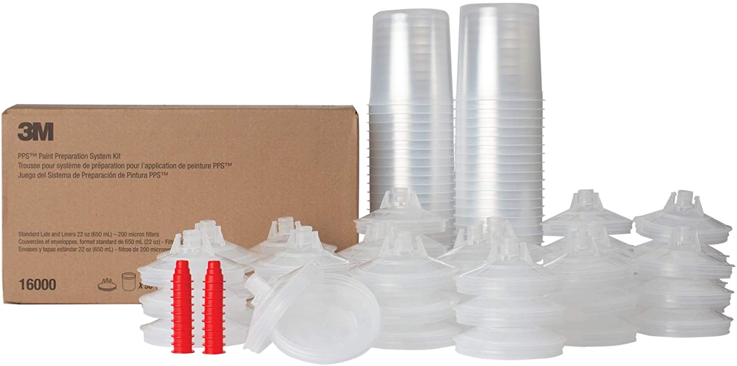 3M PPS Paint Spray Gun Cup Lids and Liners Kit, 16000, Standard, 22 Ounces, 200-micron Filter, Use with Paint Gun for Cars, Furniture, Home and More, 50 Disposable Lids and Liners, 20 Sealing Plugs