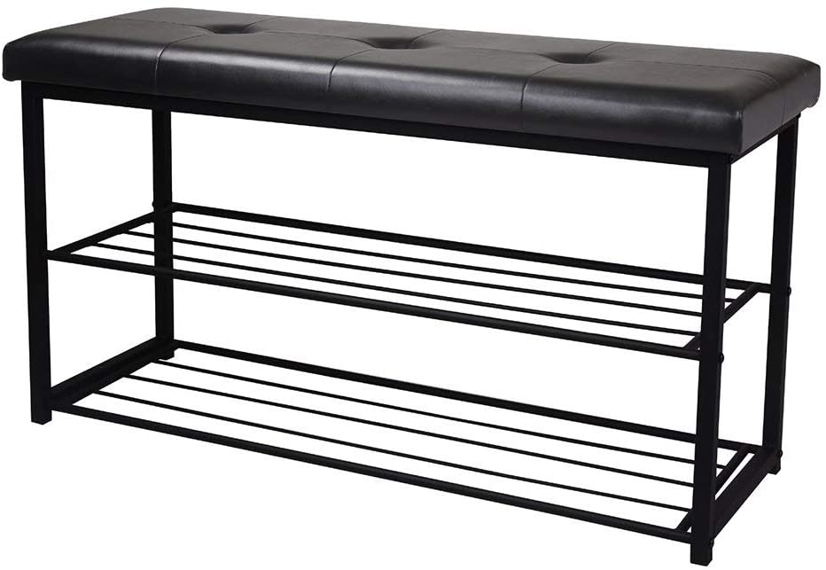 GIA Cushioned Shoe Rack with Faux Leather, Black Seat/Black Frame (Black Seat/Black Frame)