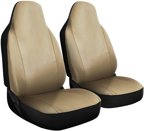OxGord Car Seat Cover - PU Leather Two Solid Beige with Front Low Bucket Seat - Universal Fit for Cars, Trucks, SUVs, Vans - 2 pc Set
