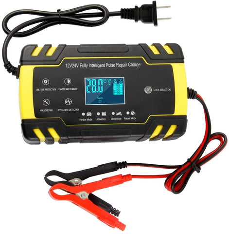 12V/24V Smart Battery Charger | Pulse Repair Charger with LCD Display | Intelligent Mode Overvoltage Protection Temperature Monitoring for Car, Truck, Motorcycle, Boat, SUV, ATV