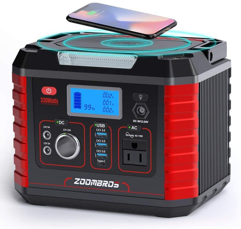 ZOOMBROS 330W Portable Power Station, 289Wh Lithium Portable Generator CPAP Battery Pack w/ 110V Pure Sine Wave AC Outlet, Wireless Phone Charger, QC3.0 USB, USB-C for Outdoor Camping RV Power Outage