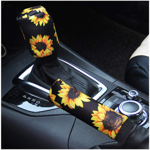 Ranxizy Sunflower Auto Gear Shift Knob Cover+Handbrake Cover Set Washable Neoprene Cloth