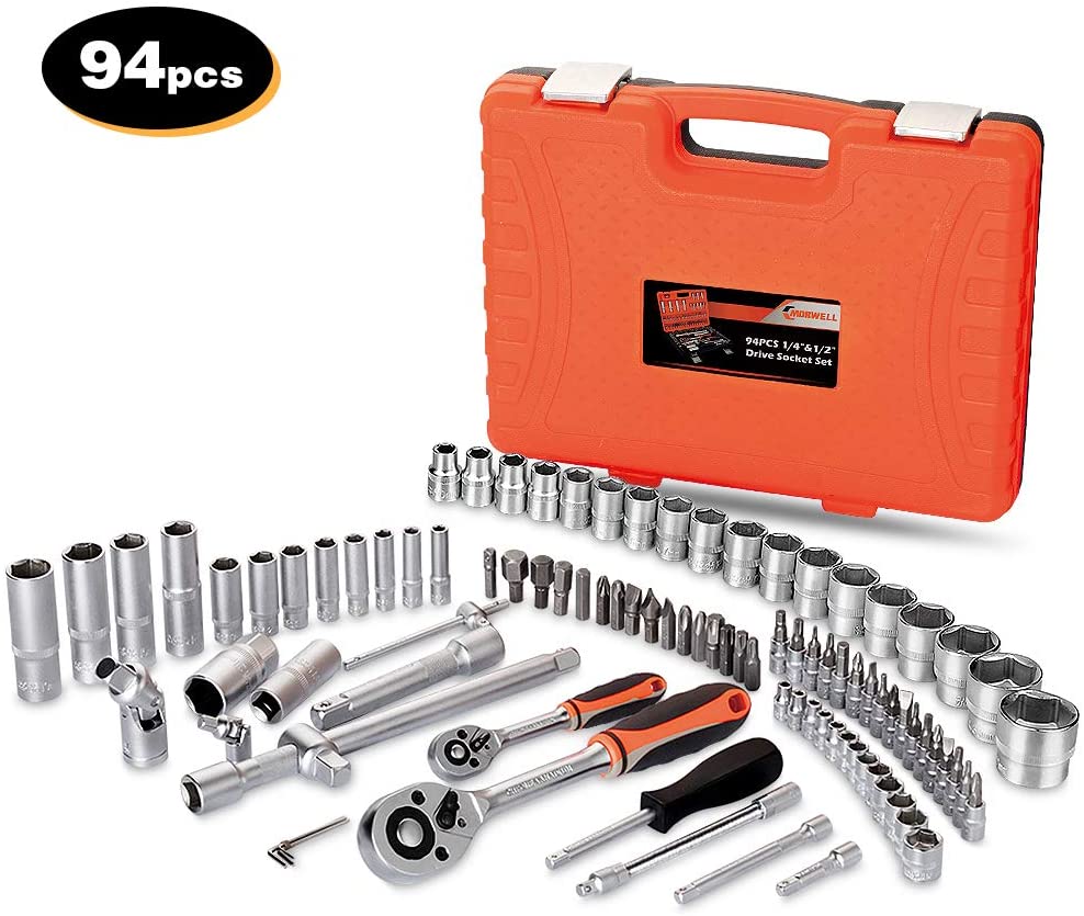 MORWELL 1/4”and 1/2”Socket Wrench Set, 94 pieces Mechanics Tool Set with Ratchets,Universal Joint, Extensions 6-Point Socket Set with Blow Molded Case