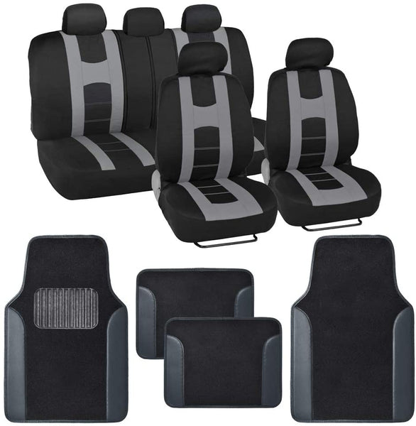 BDK Rome Sport Gray Car Seat Covers Full Set Combo with Floor Mats – Front and Rear Seat Cover & Floor Mat Set, Stylish Protection with Two-Tone Color Accents, Universal Fit for Car Truck Van SUV