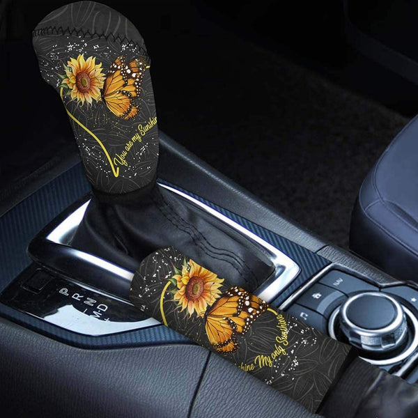 FKELYI Blue Butterfly Print Car Gear Shift Cover Cover,Anti-Slip Handbrake Cover+Gear Shift Knob Cover Set for Sedan Interior Protection,2PCS