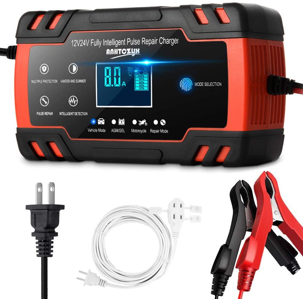 Enhanced Edition Car Battery Charger 12V/8A 24V/4A Compatible Automotive Smart Portable Battery Charger Maintainer/Pulse Repair Charger Pack for Car, Motorcycle, Lawn Mower and More