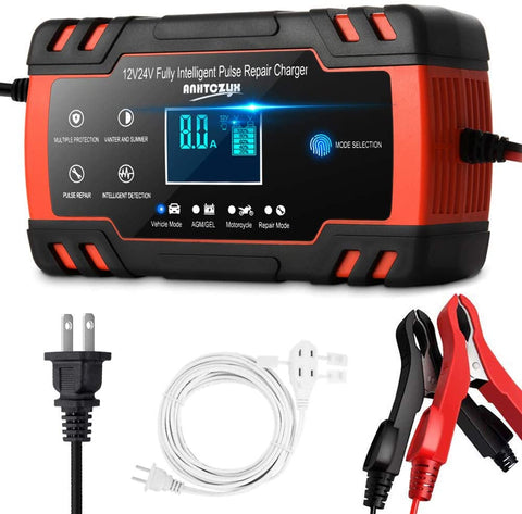 Enhanced Edition Car Battery Charger 12V/8A 24V/4A Compatible Automotive Smart Portable Battery Charger Maintainer/Pulse Repair Charger Pack for Car, Motorcycle, Lawn Mower and More